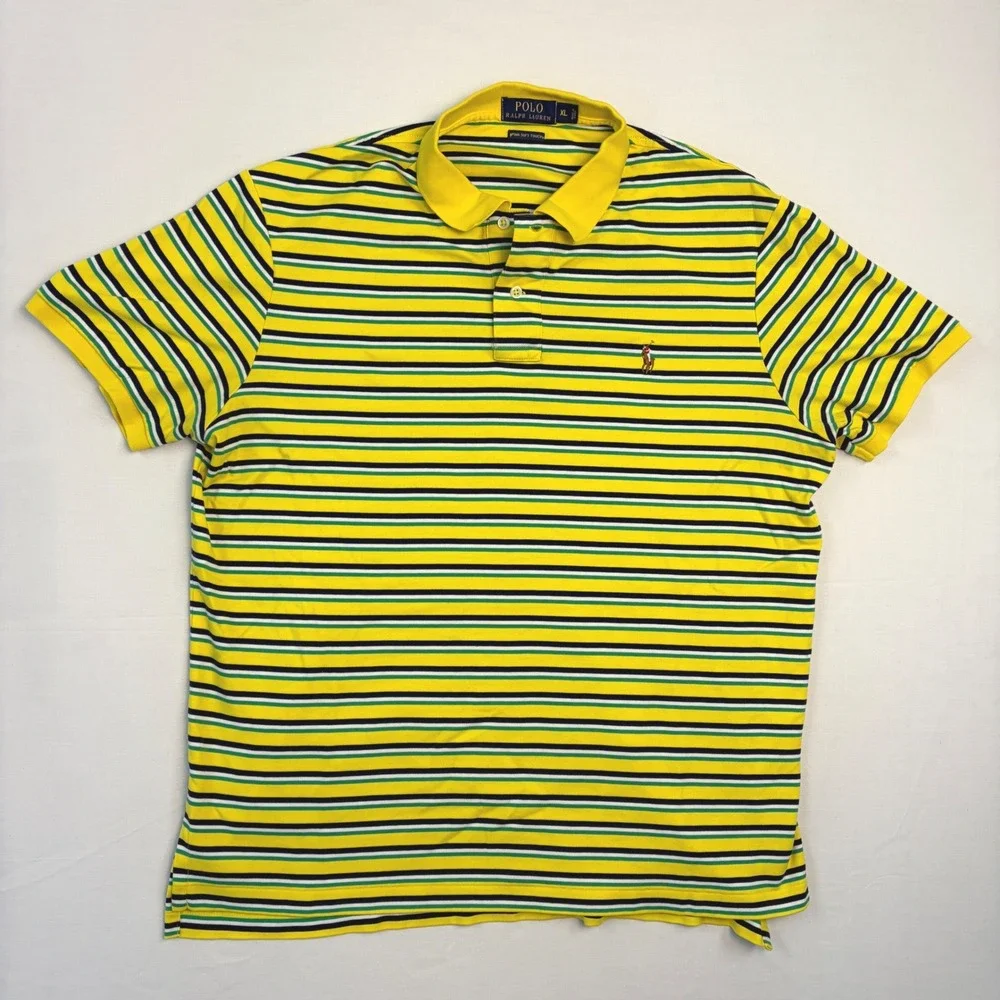 Polo Ralph Lauren Mens XL Pima Soft Touch Striped Polo Shirt‎ Yellow Green Navy